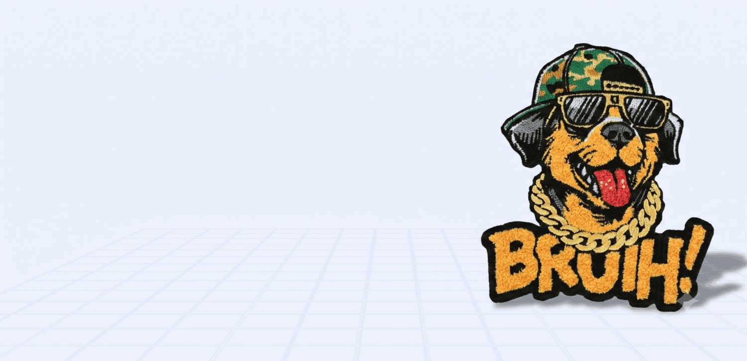 Custom chenille patch preview featuring a cartoon dog wearing camouflage cap, sunglasses, and a gold chain, with bold orange typography reading 