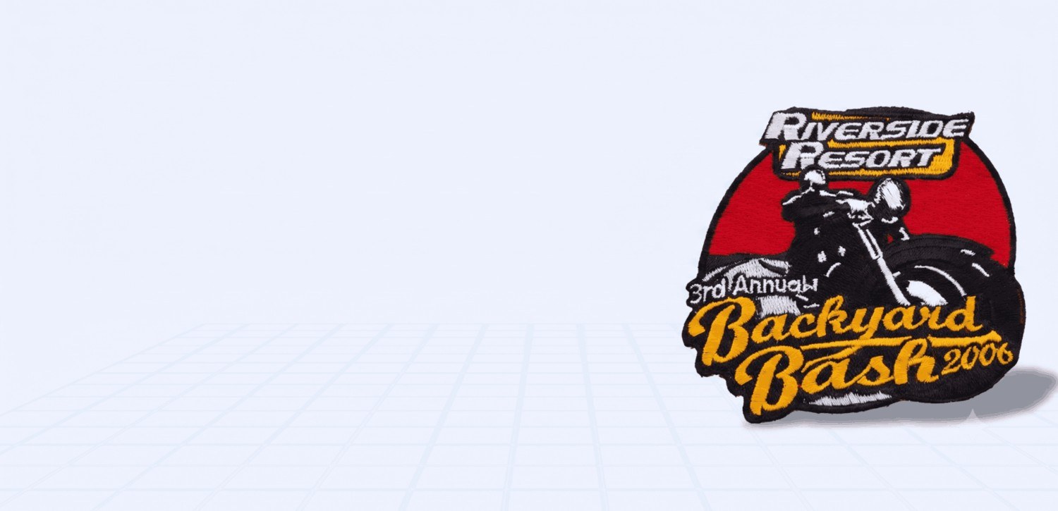 Custom embroidered motorcycle patch preview featuring a classic motorcycle graphic, a red banner reading 