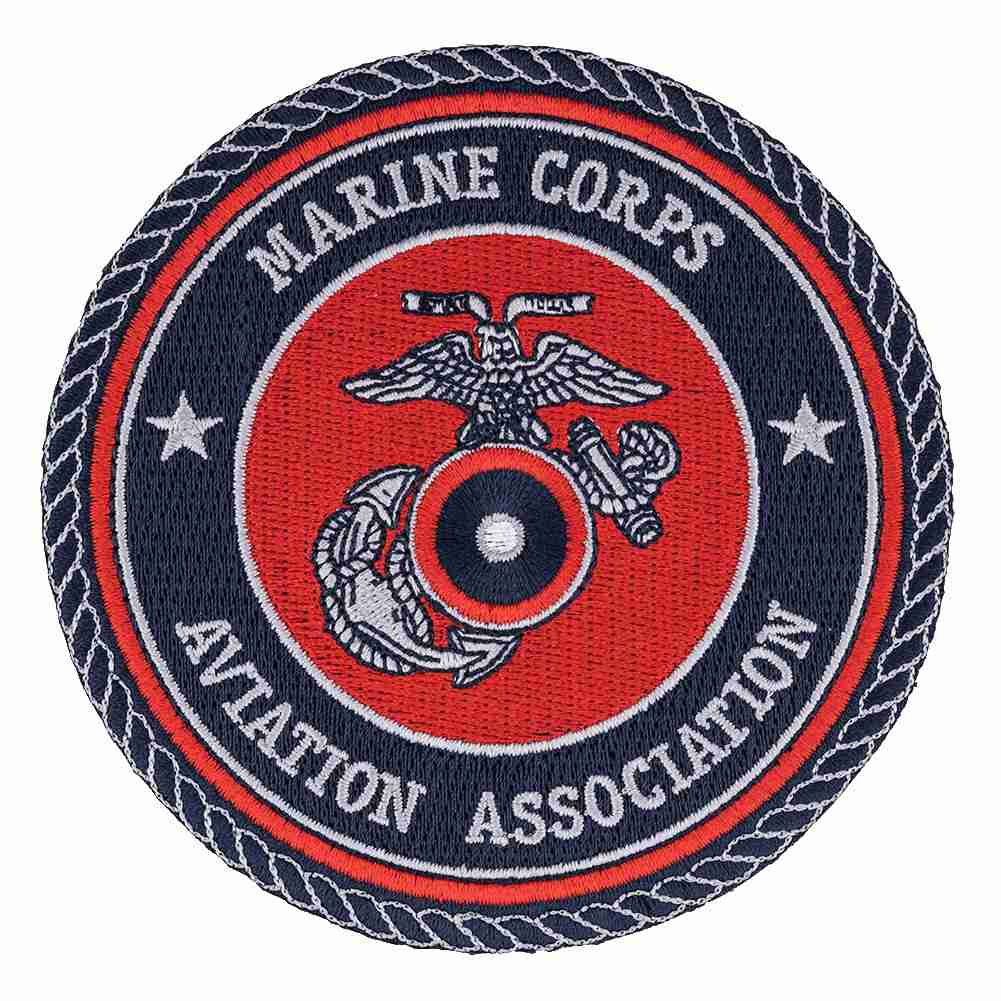 Custom circular embroidered Marine Corps Aviation Association patch featuring a red and blue emblem with a central eagle, globe, and anchor, surrounded by rope-style stitching.