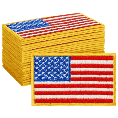 Stack of embroidered American flag patches and a single patch displayed on a transparent background, featuring white stars on a blue field and red and white stripes with a gold border.