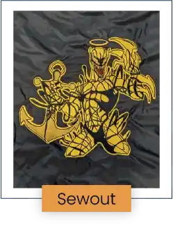 Custom embroidery sewout preview featuring an intricate gold angel character holding an anchor above an orange banner reading 