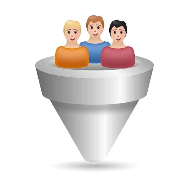 Custom 3D digital vector illustration featuring three stylized human character busts in orange, blue, and pink emerging from a sleek silver funnel.