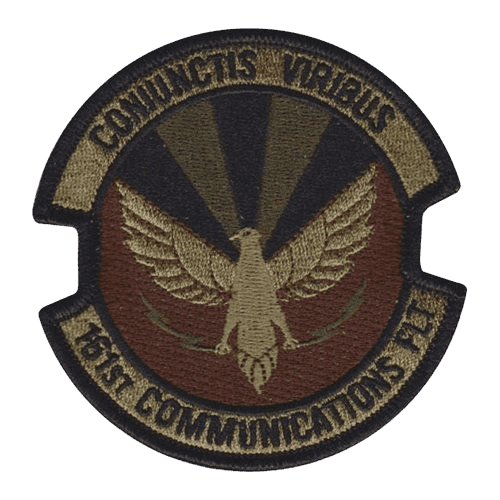 Custom embroidered military patch featuring an eagle with spread wings holding arrows, flanked by curved banners reading 