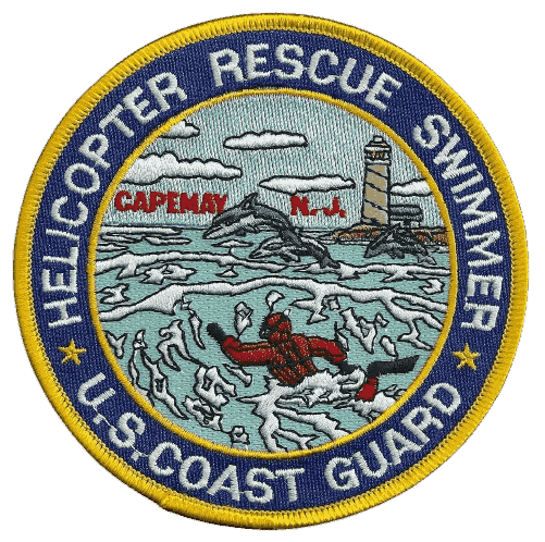 Custom embroidered U.S. Coast Guard Helicopter Rescue Swimmer circular patch featuring a detailed coastal rescue scene, lighthouse, and yellow text border reading 