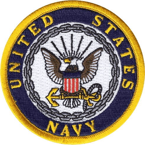 Custom embroidered circular United States Navy patch featuring the official eagle and anchor emblem on a dark background with a yellow border and gold lettering reading 