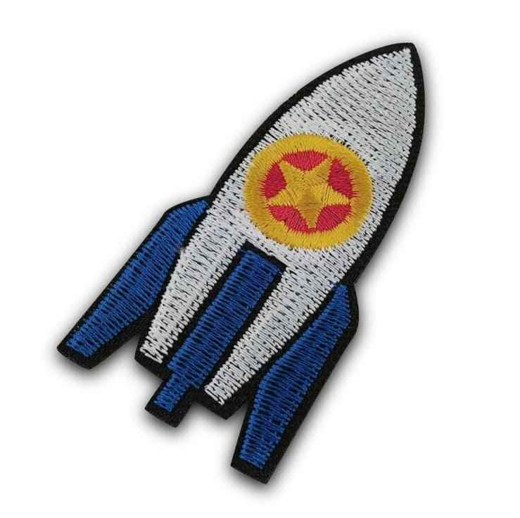 Custom embroidered space rocket airship patch featuring blue, white, and yellow stitching with a red star symbol in a yellow circle.