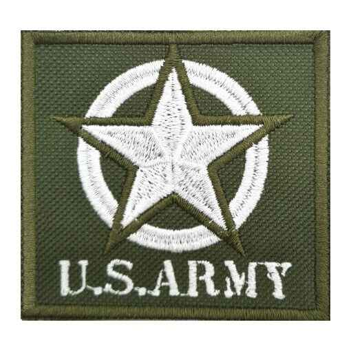 Custom embroidered square olive green morale patch featuring a white U.S. Army star emblem and bold text.