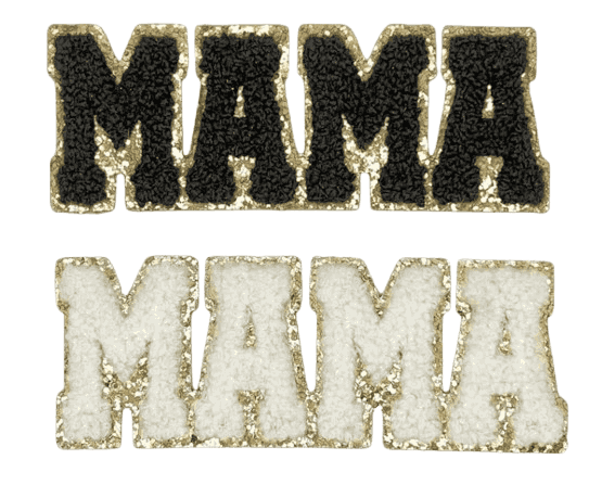 Custom chenille letter patches spelling MAMA in black and white with gold glitter borders.