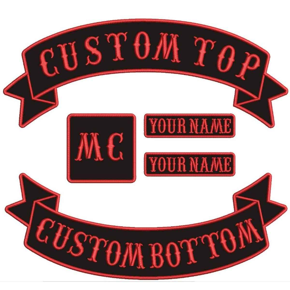 Custom embroidered motorcycle club patch set featuring a black background with red borders and text, including top and bottom rockers reading 