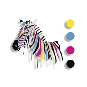 Custom vector color separation graphic featuring a zebra illustration with colorful paint drips alongside CMYK color swatches on a transparent background.
