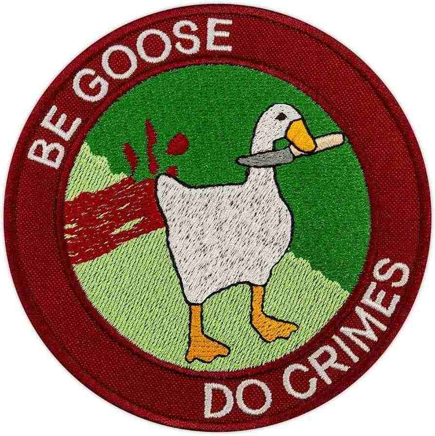Custom embroidered circular patch featuring a white goose holding a knife in its beak with the text 