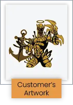 Custom embroidery digitizing preview featuring an anime-style angel character holding an anchor above an orange banner reading 
