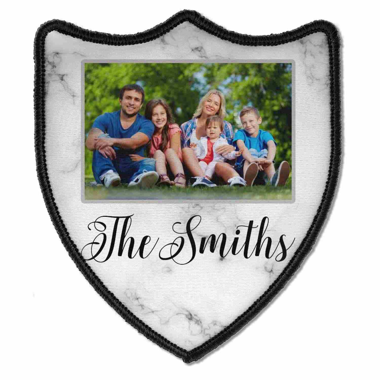 Custom shield-shaped patch featuring a full-color printed family photo above the cursive text 