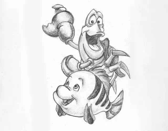 Custom digital vector illustration of hand-drawn cartoon sketches featuring Sebastian the crab and Flounder the fish.