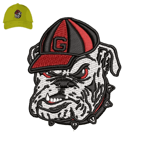 Custom embroidery digitizing preview featuring a fierce bulldog wearing a red-and-grey baseball cap with a 