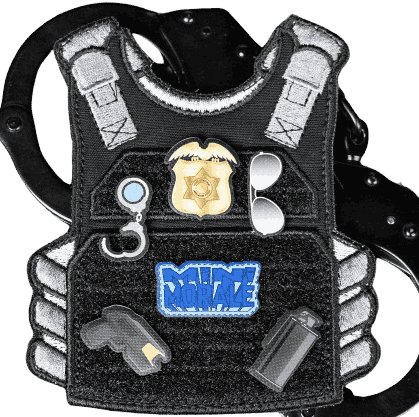 Custom law enforcement tactical vest displaying a gold police badge patch and a blue text morale patch alongside tactical gear accessories.