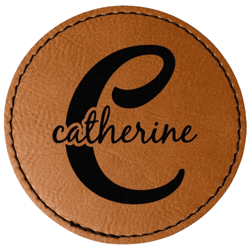 Custom round leather patch featuring a large black monogram letter C and the name 