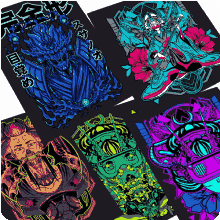 Custom streetwear and anime-inspired Direct-to-Film (DTF) transfer graphics featuring vibrant cyberpunk illustrations, Oni masks, and futuristic character designs.