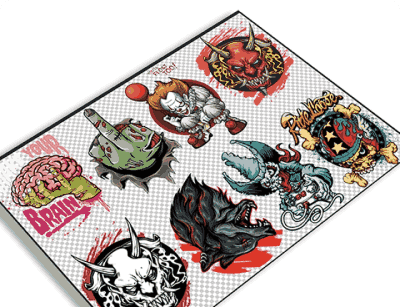 Custom gang sheet layout displaying an assortment of edgy sticker-style Direct-to-Film (DTF) transfer graphics featuring Oni masks, cartoon characters, and street art designs.