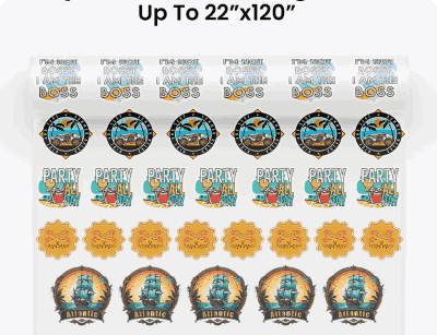 Custom gang sheet layout displaying a variety of miniature DTF transfer designs including text graphics, circular badges, and illustrations labeled 