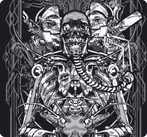 Custom cyberpunk mechanical skull and cyborg cybernetic art Direct-to-Film (DTF) transfer graphic featuring intricate circuitry and futuristic machinery.