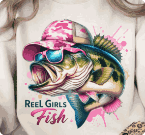 Custom apparel mockup featuring a person wearing a sweatshirt printed with a bass fish wearing sunglasses, a pink camo hat, and bold pink typography reading 