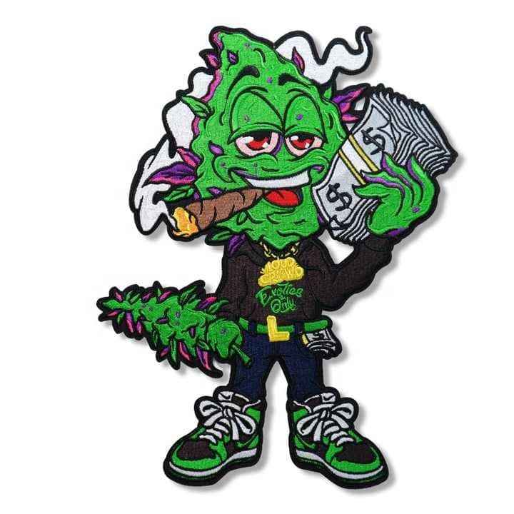 Custom embroidered cartoon weed bud character holding a stack of dollar bills and a cigar, wearing black and green sneakers and a black hoodie with gold chains.