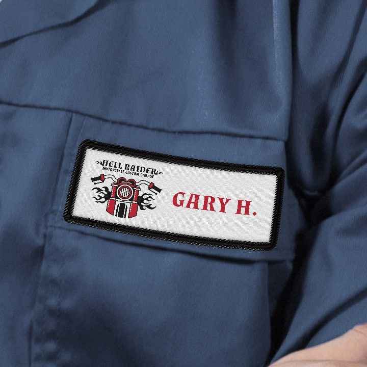 Custom embroidered rectangular motorcycle mechanic name patch featuring 
