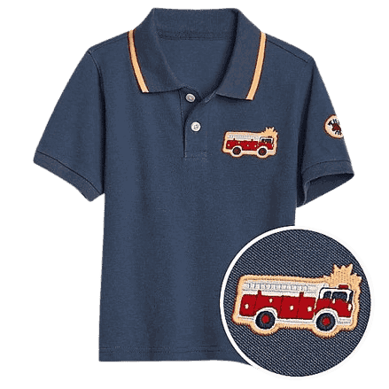 Custom embroidered fire truck patch applied to the chest and sleeve of a navy blue polo shirt with orange collar trim.