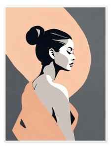 Custom silhouette and minimalist pop-art vector illustration featuring a woman's profile with flowing dark hair against a soft peach and dark grey background.
