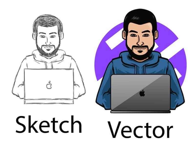 Custom vector conversion comparison showcasing a hand-drawn black and white pencil sketch of a man working on a laptop on the left, labeled 