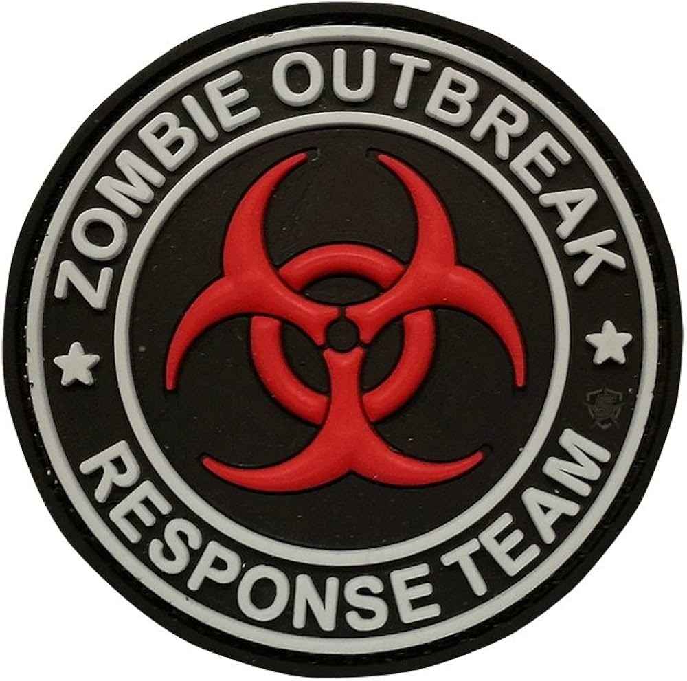 Custom round PVC patch featuring a raised red biohazard symbol on a black background with white text reading 
