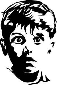 Custom high-contrast black and white stencil art portrait graphic featuring a dramatic young person's face.