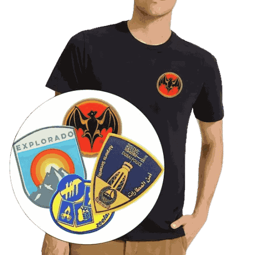 Custom embroidered emblem patches collage showing a black t-shirt with a bat crest patch alongside outdoor mountain, airport security, and crest emblem patches.
