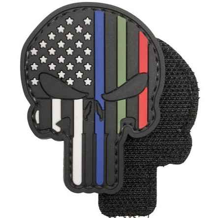 Custom tactical Punisher skull patch featuring an American flag design with thin blue, red, and green stripes on a black background.