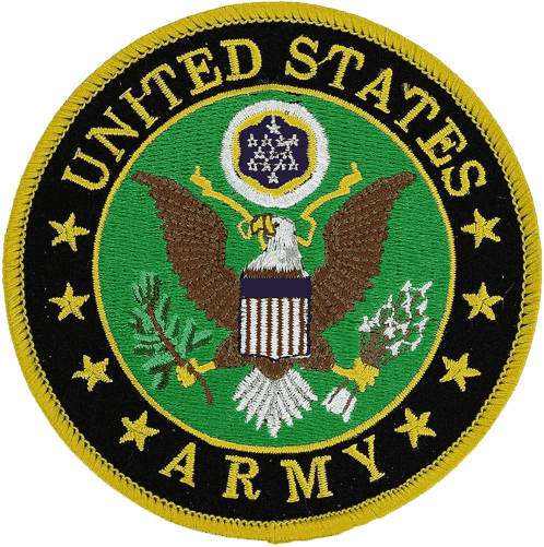 Custom embroidered circular United States Army patch featuring the Great Seal eagle emblem on a dark green background with a yellow border and black text.