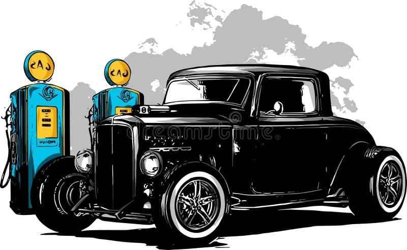 Custom digital vector illustration of a classic black hot rod car parked next to vintage gas pumps against a white and gray world map background.
