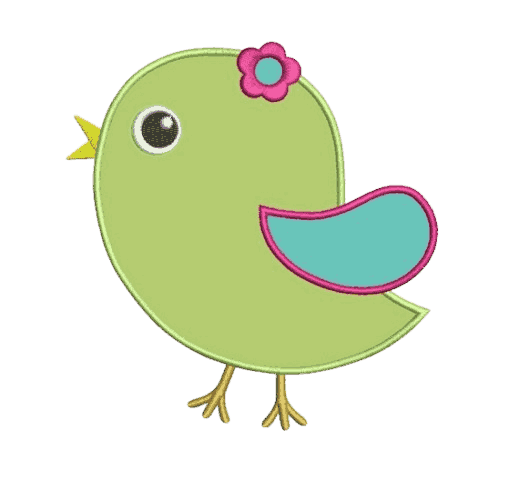 Custom embroidery digitizing preview featuring a cute green bird graphic with a pink flower and blue wing on a transparent background.