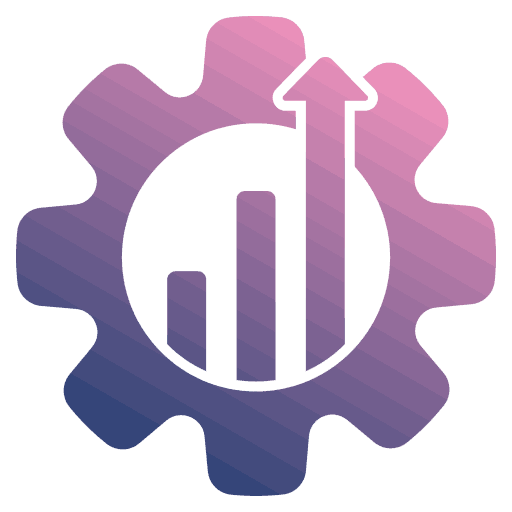Digital vector graphic featuring a purple and pink gradient gear emblem overlaid with rising bar charts and an upward-trending arrow.