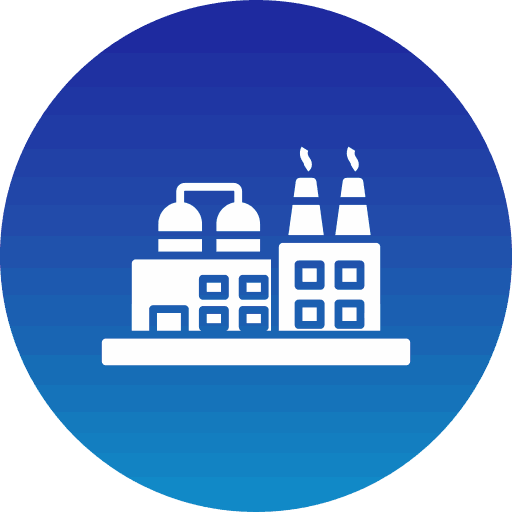 Custom digital vector icon featuring a white industrial factory silhouette inside a vibrant blue gradient circle.