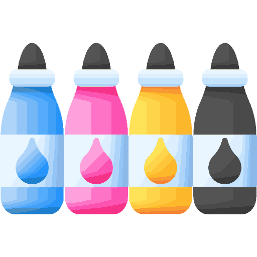 Custom digital vector illustration of four CMYK ink bottles in cyan, magenta, yellow, and black with droplet icons.
