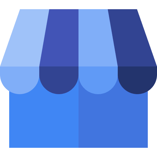 Digital vector illustration of a modern storefront shop with a blue striped awning and a transparent background.