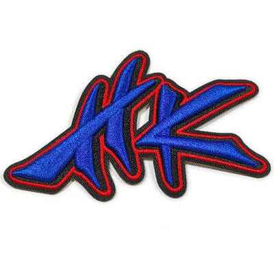 Custom 3D puff embroidered patch featuring a stylized blue monogram with a red outline and black border.
