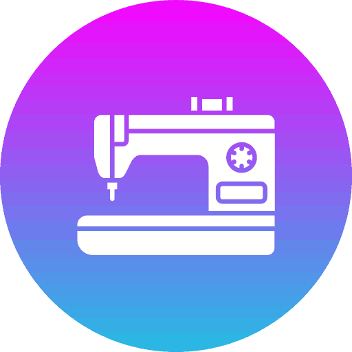 Custom vector icon featuring a white sewing machine silhouette centered on a vibrant purple-to-blue gradient circular background.