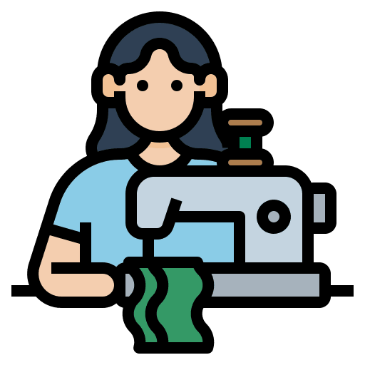 Custom digital vector illustration of a person operating a sewing machine with fabric feeder detail.