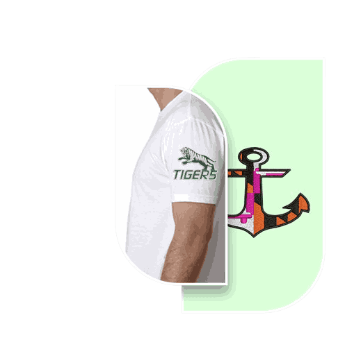 Custom embroidery digitizing preview showcasing a white t-shirt sleeve with a 