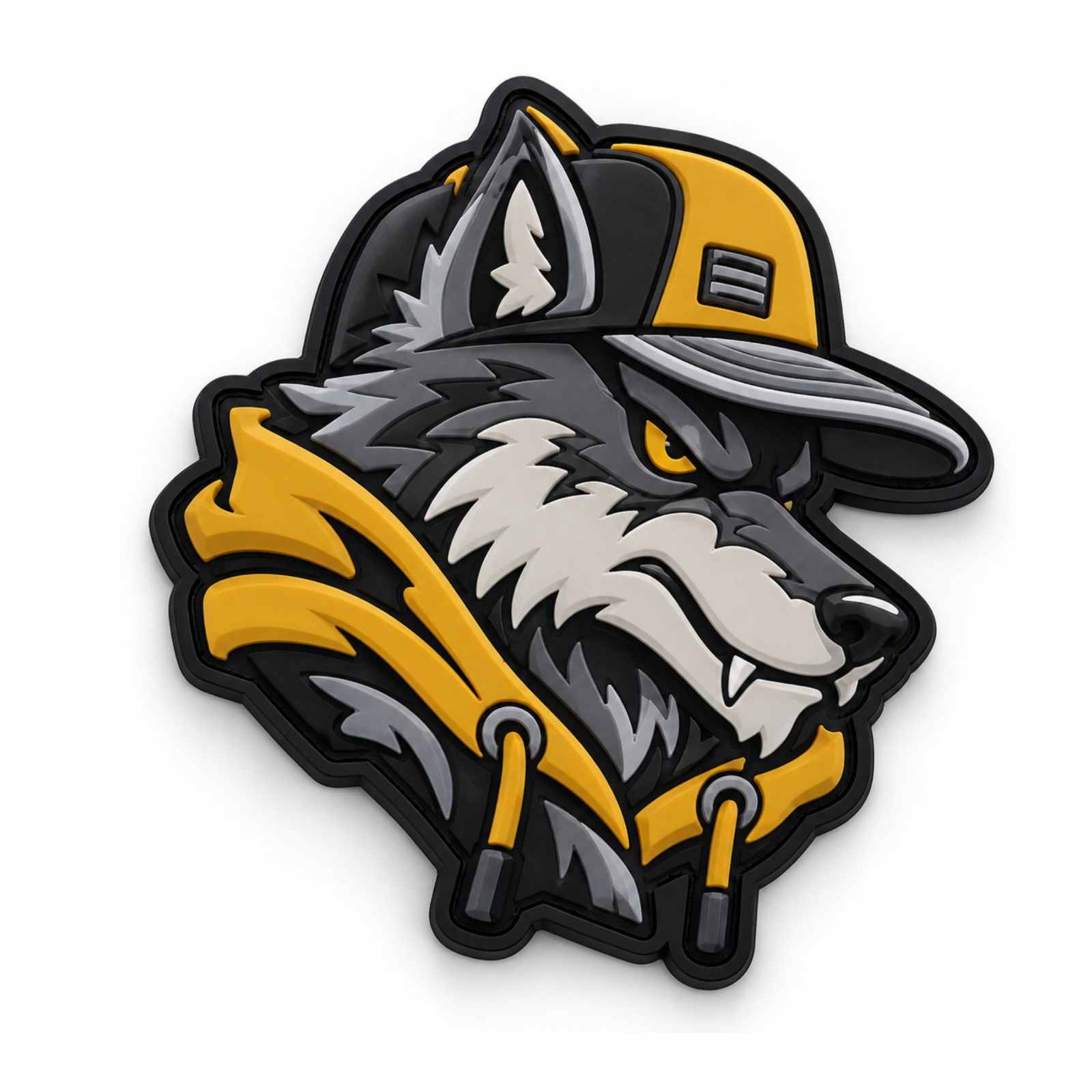 Custom PVC wolf mascot patch wearing yellow hoodie and baseball cap