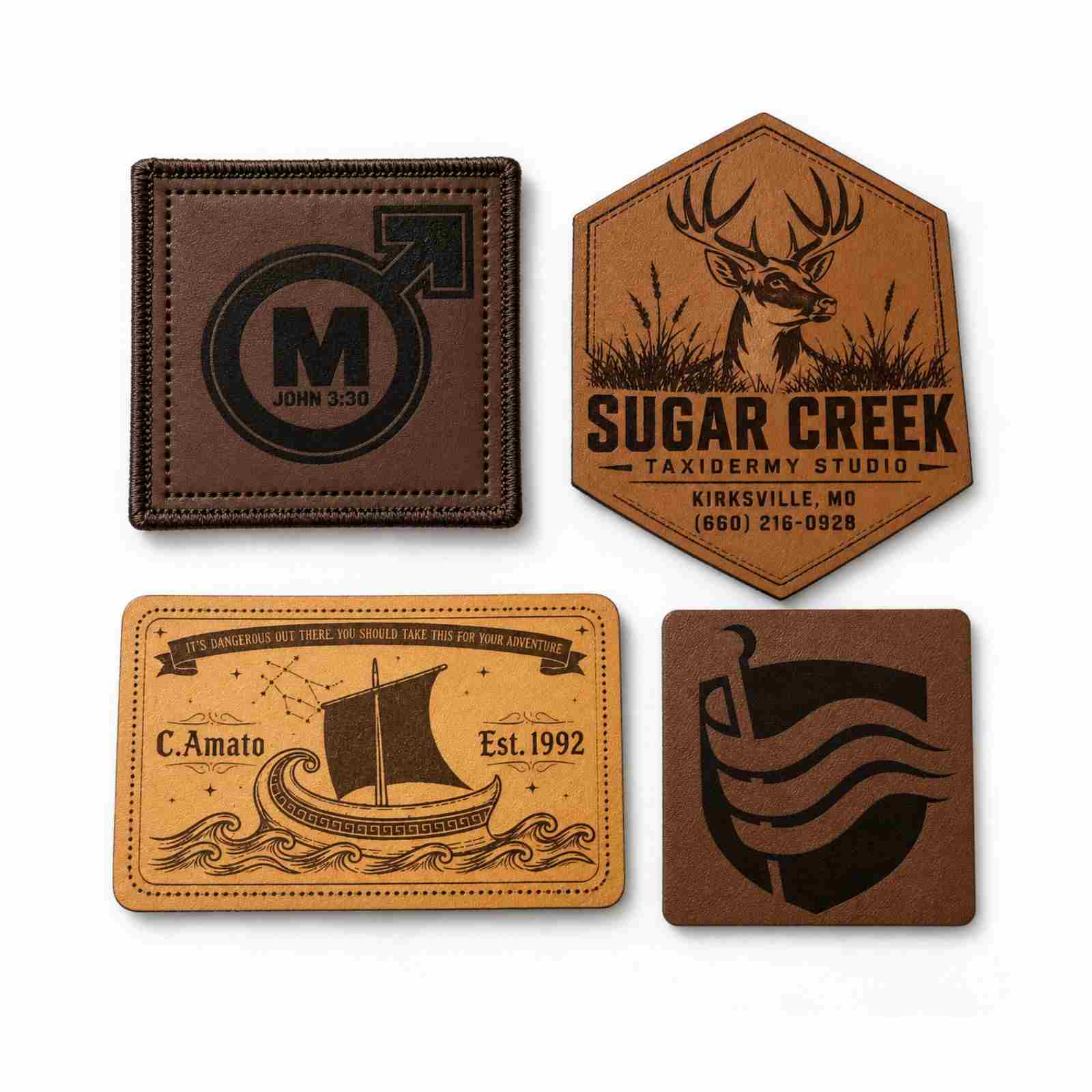 Custom engraved leather patches with Sugar Creek Taxidermy and boat emblem