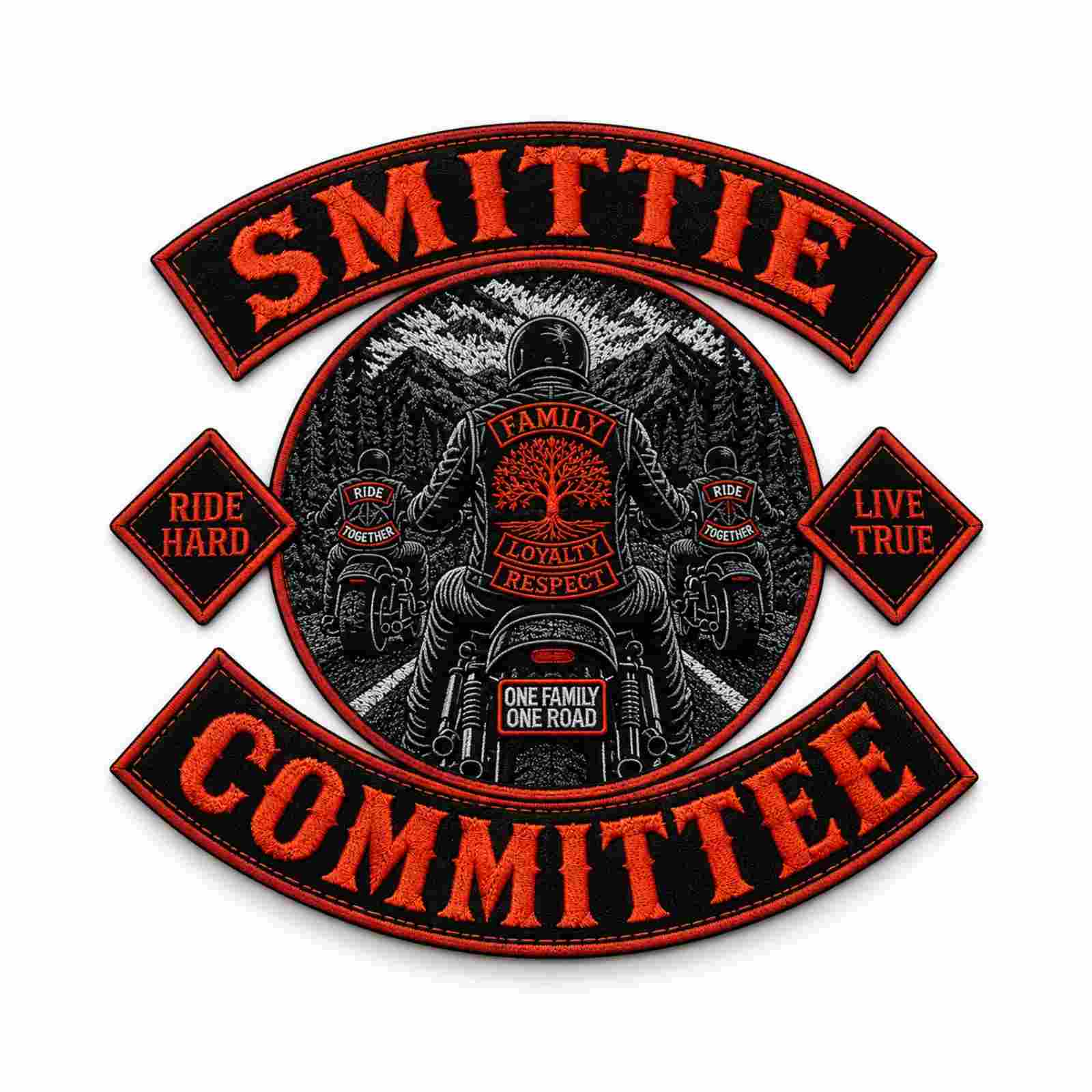 Custom embroidered Smittie Committee motorcycle club patch with biker graphics
