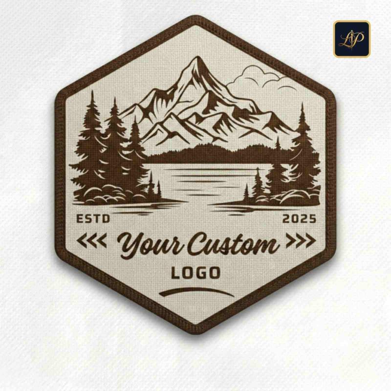 Custom hexagonal leather patch mockup with mountain landscape and pine trees